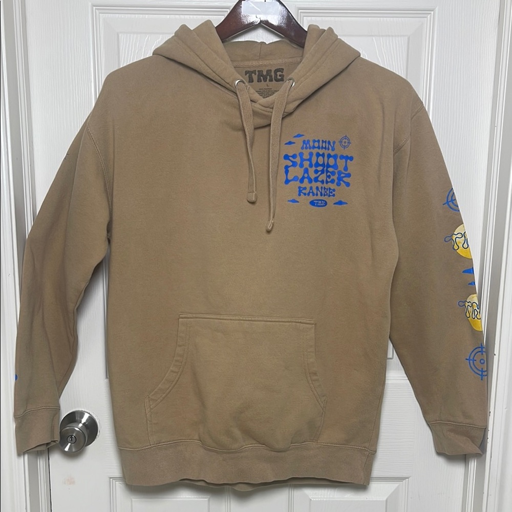 TMG Tan and Blue Sweatshirt with Bold Graphics